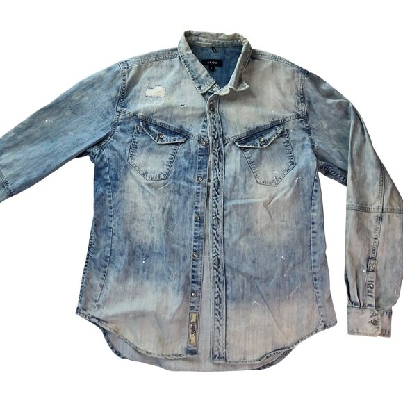 Akoo Distressed Denim Button-Up Shirt With Chest Pockets & Stitch Detail L - Picture 1 of 16